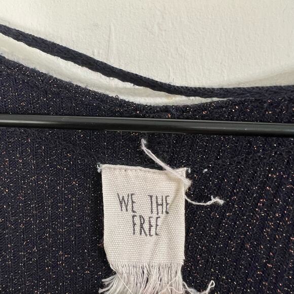 Free People We the Free Navy Blue Metallic Button Down Long Length Cardigan - Picture 2 of 11